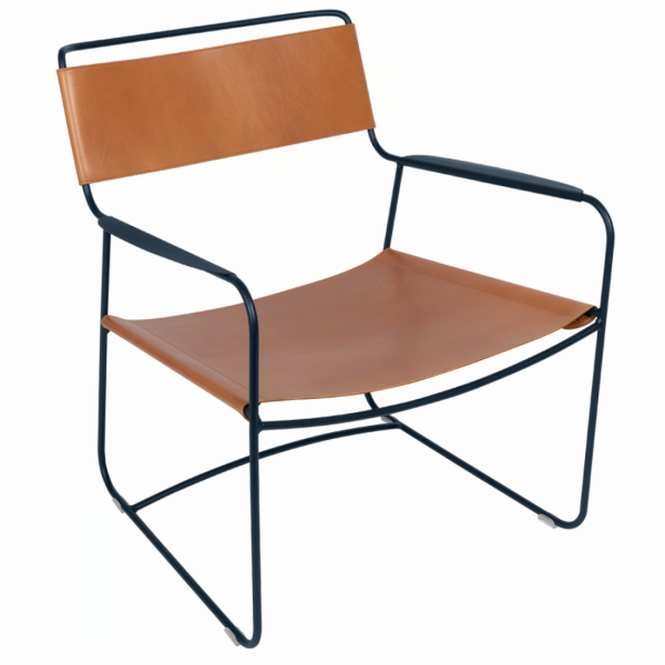 Deep Blue Surprising Leather Sling Indoor Low Armchair By Fermob in Deep Blue