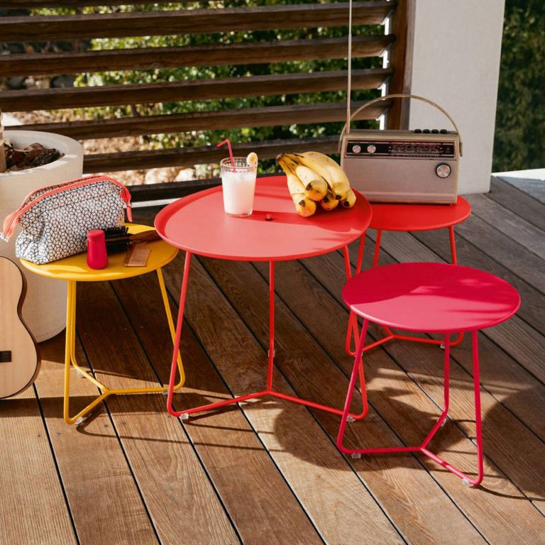Small Fermob Cocotte stools and side table in bright colours